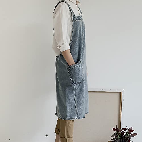 Cross Back Denim Apron for Women Men, Gardening Aprons with Large Pockets - color: Style B - Light Blue