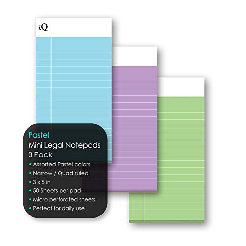 iScholar iQ Mini Legal Notepads, Narrow/Quad Ruled, 3" x 5", Assorted Pastel Colors, 50 Sheets Per Pad, Pack of 3 Pads (53513) - size: 3" x 5"