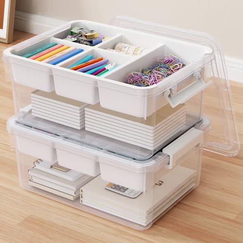 40Qt Stackable Storage Bins with Lids Trays Craft Box Organizers, 2Pack,WH | Clear Plastic Latching Boxes Organizers with Dividers Portable Containers for Arts & Crafts, Home Office Classroom Car Trunk - color: Clear White, size: 20QT-2Pack