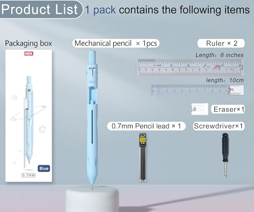 Cute Mechanical Pencil, Metal Grip, Refillable for School Supplies Kid Student Writing, Drafting Drawing Sketching, Mechanical Pencils Set with Lead Refills & Compass & Ruler & Eraser (Blue) - color: Blue