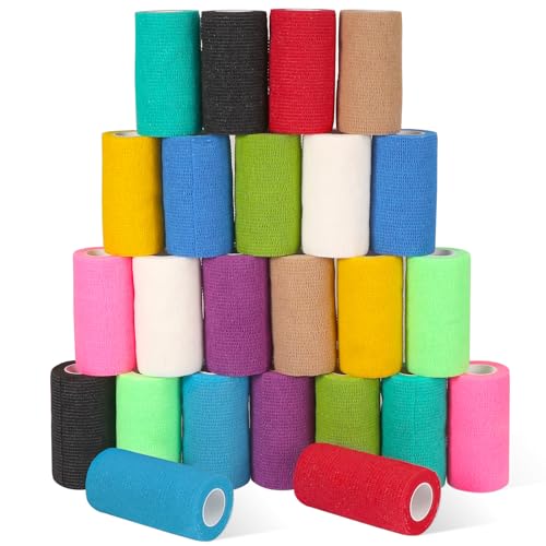 24 Pack Self Adhesive Bandage Wrap, 4” x 5 Yards Elastic Cohesive Bandage Wrap Self Adherent Medical Tape for Sports, Ankle, Wrist Sprains, Pet First Aid, Vet Wrap - color: Multi-color, size: 4 Inch