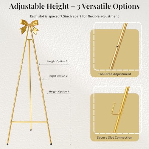 53”H Metal Gold Easel Stand for Sign Heavy Duty with Bow Top | Large Adjustable Display Standing for Wedding Displaying Pictures Poster Holder Showcasing - color: Golden bow top