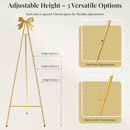 53”H Metal Gold Easel Stand for Sign Heavy Duty with Bow Top | Large Adjustable Display Standing for Wedding Displaying Pictures Poster Holder Showcasing - color: Golden bow top