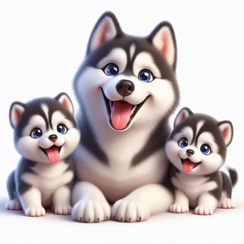 Cute Husky Diamond Painting Kits for Adults, Siberian Husky Puppies 5D Diamond Art Kits for Adults Beginner, DIY Full Drill Round Diamond Painting Dog Animal Family Art Home Wall Decor 13.8x13.8 Inch - color: Husky Family