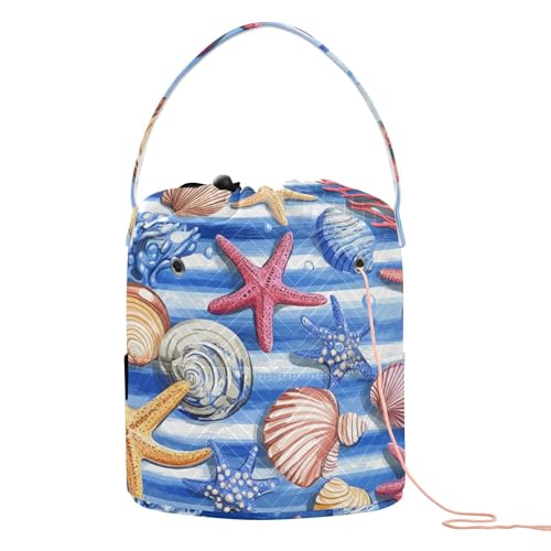 Blue Striped Starfishes Seashells Corals Yarn Bag Small Crochet Bag Drawstring Yarn Storage Organizer Knitting Project Bags Potable Yarn Holder with Holes Handle Crocheting Needles Knitting A - color: Blue Striped Starfishes Seashells Corals