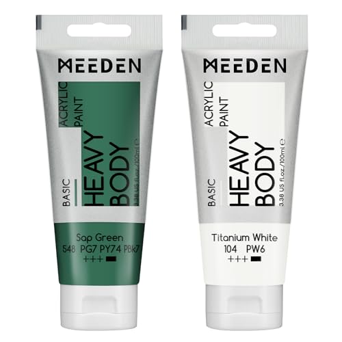 MEEDEN Acrylic Paint Sap Green: 100ml/3.38oz x 2 with Titanium White | Heavy Body Artist Acrylic Paint Set for Canvas, Wood & Craft, Non-toxic Creamy Art Paint with Titanium White for Mixing - color: Sap Green, size: 2 Tubes