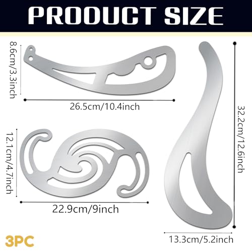 ORIGACH 3 PCS Stainless Steel French Curve Metal Ruler Set