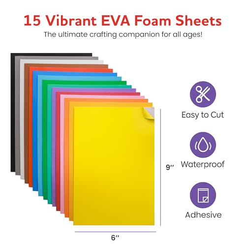 Self-Adhesive EVA Foam Sheets for Crafts – 15 Assorted Colors, 6 x 9 Inch, 2mm Thickness, Peel & Stick Foam Paper for DIY, Scrapbooking & Kids’ Art. (Assorted) - color: Assorted - 15 Pack