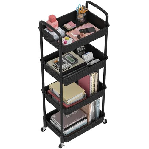 MOYIPIN 4-Tier Plastic Rolling Utility Cart with Handle, Black | Utility Storage Cart for Office, Living Room, Kitchen,Movable Storage Organizer，Easy installation，Rattan-like art design - color: Black, size: 4-Tiers without cups