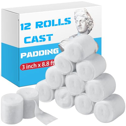 Nuanchu 12 Rolls Medical Cotton Cast Padding Plaster Cloth,3 Inch X 8.8 ft | Individual Wrapped, Undercast Protection Padding, Soft Cloth for Body Casts, Halloween Bandage Art, Mask Craft Supplies - size: 3 Inch x 8.8 ft