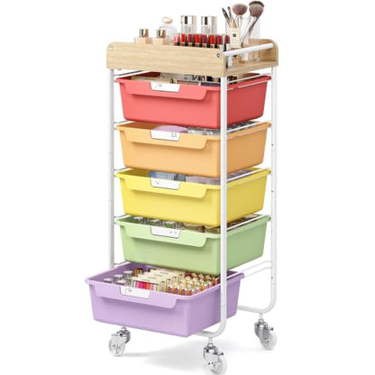 SYKIARIOL Utility Cart with 5 Labeling Drawers and Wooden Tabletop - color: Jelly Bean Color, size: 5-Drawer