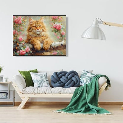 MIJVFNB Cross-Stitch Stamped Kits, Maine Coon on a Branch, Embroidery Crafts Needlepoint Kit, Beginners Starter Kits, DIY Handmade Gifts 11CT 3 Strands 12x16 inch
