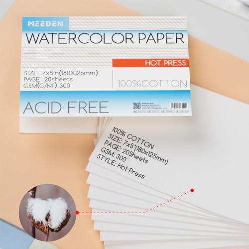 MEEDEN Cotton Watercolor Paper Block: 5" x 7" Hot Pressed of 20 Sheets - color: Hot Press, size: 5×7"