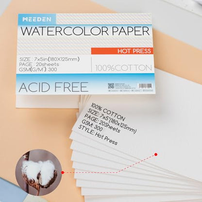 MEEDEN Cotton Watercolor Paper Block: 5" x 7" Hot Pressed of 20 Sheets - color: Hot Press, size: 5×7"