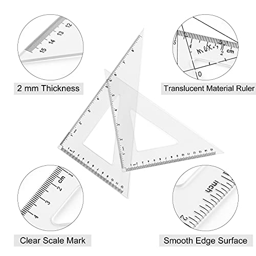 Coopay 12 Inch Math Geometry Tool Plastic Ruler Square Set Includes Straight Ruler, Triangles, Protractor for Student School Office Supplies (Clear) - color: Clear, size: 12 Inch