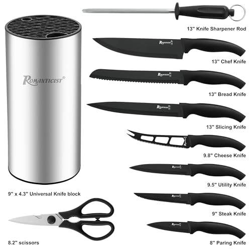 ROMANTICIST Knife Set, 10 Pieces Knife Block Set - Stainless Steel Kitchen Knives with Sharpener and Cheese Knife, Non-Slip Ergonomic Handles, Exquisite Knives Set - Stylish Black - color: Silver round knife block