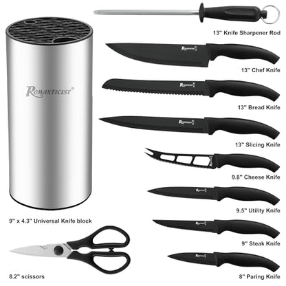 ROMANTICIST Knife Set, 10 Pieces Knife Block Set - Stainless Steel Kitchen Knives with Sharpener and Cheese Knife, Non-Slip Ergonomic Handles, Exquisite Knives Set - Stylish Black - color: Silver round knife block