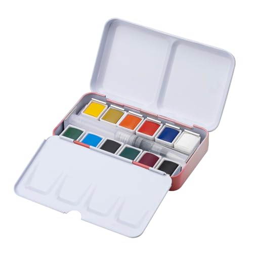MEEDEN 12 Colors Watercolor Paint Set: Travel Watercolor Set with Brush in Half Pans - Portable Watercolor Paints for Adults & Artist - color: Basic Colors
