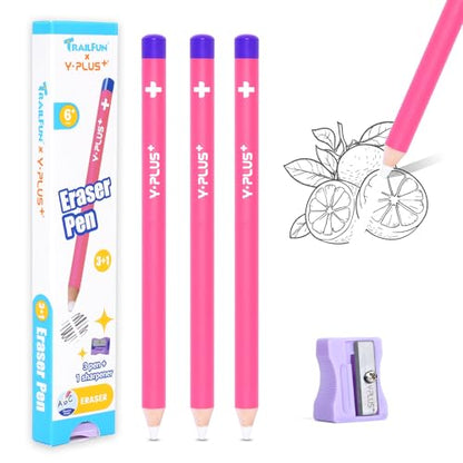 Eraser Pen with Sharpener, Fine Detail Erasing, Pink, 3 Pcs - color: Pink