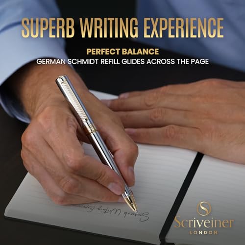 Scriveiner Personalized Silver Chrome Ballpoint Pen - Stunning Luxury Pen, Real Gold Plating, Schmidt Ink Refill, Best Engraved Ball Point Gift Set for Men & Women, Custom Name Engraving - color: 9. Silver Chrome with Gold (Personalized)