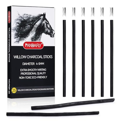 PANDAFLY 25 Pack Willow Charcoal Sticks, 4-5mm, Black Artist Vine Charcoal - size: 4-5mm