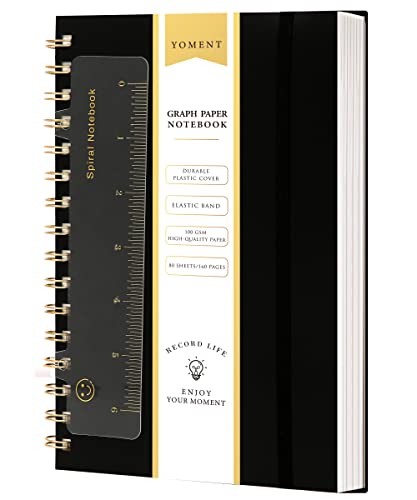 Yoment Graph Paper Spiral Notebook A5 Graphing Notebook 160 Pages | Graph Paper Notebook Spiral Bound Waterproof Plastic Hardcover Spiral Journal 5x7 Grid Notebooks for Note Taking, Black - color: Black, style: A - Graph - A5