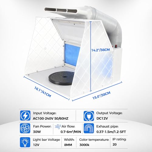 JOYABEST Airbrush Spray Booth with Fan, LED Light & Turntable for Models | Adjustable fan with 8 LED lights. 360° turntable. 5ft exhaust hose included. 2-layer filter traps fumes. For hobby,miniatures