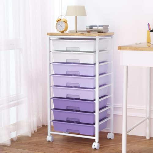 Rolling Cart with 8 Drawers, Storage Drawers Cart with Wooden Tabletop and Lockable Wheels, Craft Storage for Living Room, Office, Classroom, Craft Room, Bedroom (Purple) - color: Purple