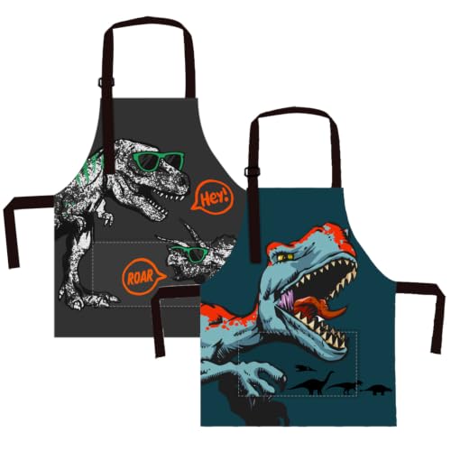 BeeGreen Kids Cooking Aprons 2 Pack, Adjustable Strap Toddler Art Apron with Front Pocket - color: Black, Dark Green, Red