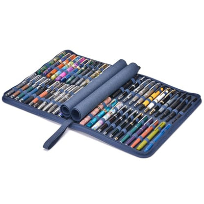 erofa 48 Slots Fountain Pen Case, Blue Water Resistant Canvas Pen Holder Display Pouch Storage Large Capacity Bag - color: Blue-Canvas