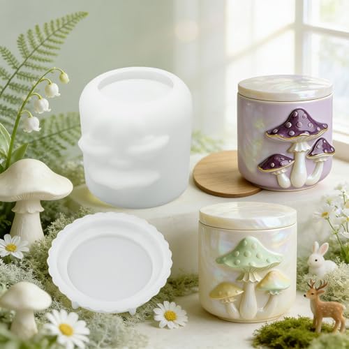 Jar Resin Mold with Lid Mushroom Jewelry Storage Box Silicone Mold | Candle Holder Jar Mold for Epoxy Resin Casting, DIY Organizer Trinket Candy Container, Flowerpot, Cement Crafts, Home Decor - color: Mushroom Resin Molds