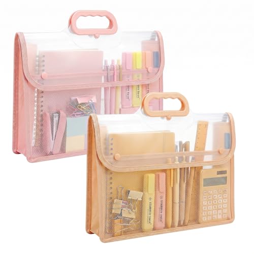Clear File Folder, 2 Pcs Portable Handheld Document Bag, Sturdy A4 Size Briefcase with Handle, Transparent File Case Tote for Documents,Art Portfolio, Folders & Office Supplies (Pink+Orange) - color: Pink+orange