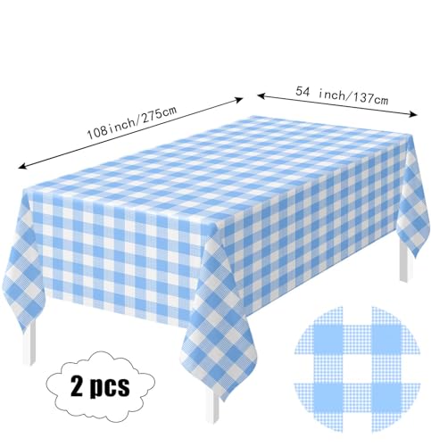 HEIPINIUYE 2 Pack Blue Gingham Tablecloth Disposable 54 x 108 Inch Blue and White Plaid Plastic Table Cloth Disposable Rectangle Table Cover for Party Birthday Picnic Checkered Tablecloths - color: Blue Gingham Tablecloth, size: 2 Pack
