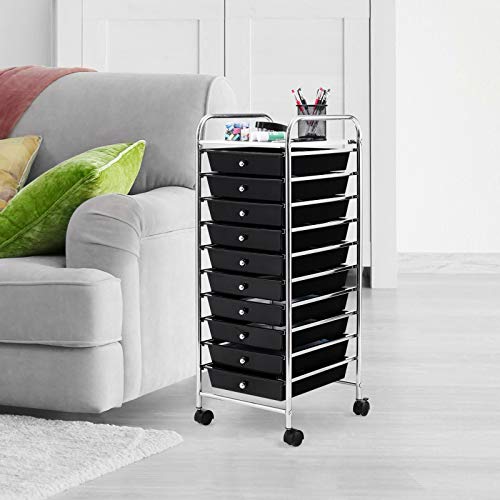 Happygrill 10-Drawer Storage Cart, Utility Cart with Removable Drawers & Metal Frame, Rolling Storage Cart with Lockable Wheels for Home, Office, Black - color: Black