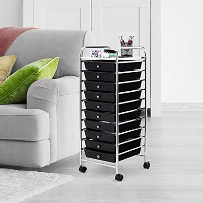 Happygrill 10-Drawer Storage Cart, Utility Cart with Removable Drawers & Metal Frame, Rolling Storage Cart with Lockable Wheels for Home, Office, Black - color: Black