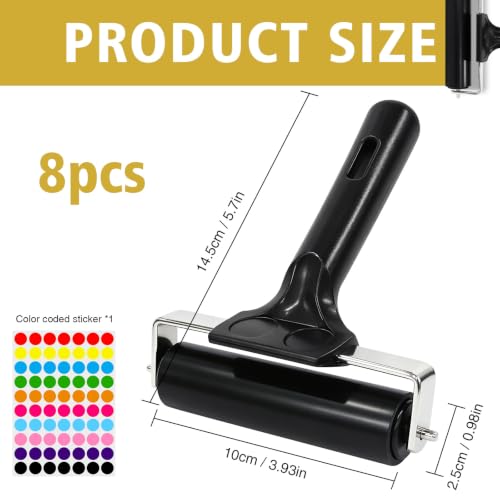 Hzampsun 8 Sets Brayer Roller,Black Rubber Printmaking Roller with Comfort Grip Handle,Professional Stainless Steel Core Brayer Rollers for Printing Painting Crafting Gluing Stamping Tools