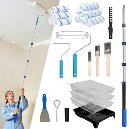 Paint Roller Kit with Extension Pole, 2-4FT Adjustable Pole, Professional 27-Piece Paint Kit, 4"9" Paint Rollers, Paint Brushes for Walls, Works with All Latex, Oil-Based Paints and Wood Finishes - color: Blue
