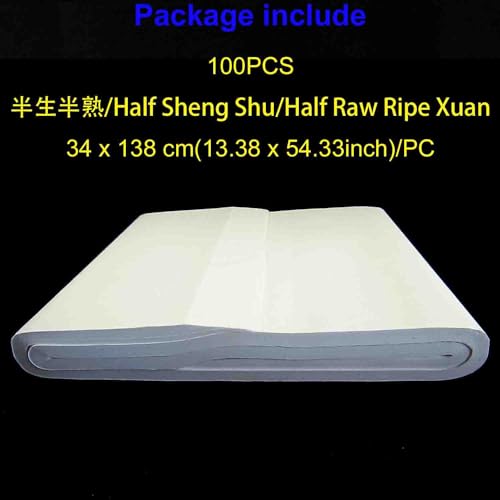 KYMY Chinese Japanese Calligraphy Xuan Paper 100PCS, Sumi/Rice Paper for Writing Painting Drawing Practice, Chinese Brush Ink Paper Half Sheng Shu (Half Raw Ripe) (34 x 138 cm (13.38 x 54.33 inch)) - size: Half Sheng Shu(Raw Ripe)-34 x138 cm(13.4 x 54.3in