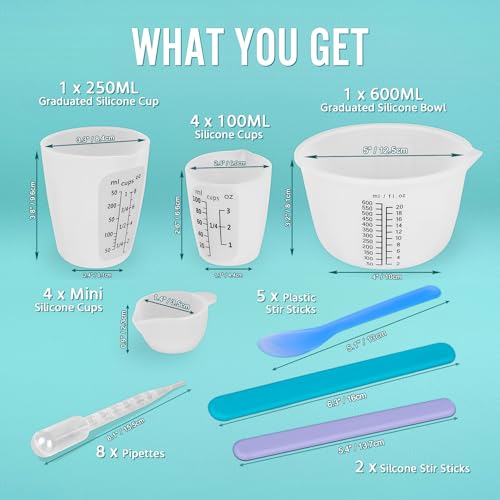 Silicone Resin Mixing Measuring Cups for Resin Supplies, Easy-to-Read Marks, 600ml/20oz Bowl, 250&100ml Thickened Reusable Silicone Cups for Epoxy Mixing, with Stir Sticks, Jewelry Making - size: 600+250+4*100ml (Black Marks)