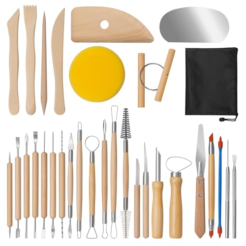 Amrules 31 Pcs Polymer Clay Sculpting Tools Kit for Adults, Light Yellow | Multi-Functional for Carving, Dotting & Molding, Ideal for Art Class & Pottery Studio, Comes with Zipper Storage Bag - color: Lightyellow-31Pcs