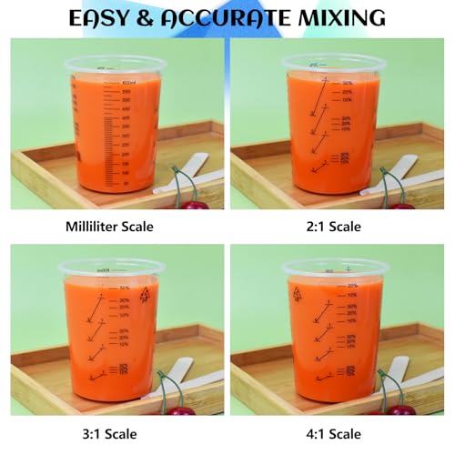 Artcome Mixing Cup Kit - 50 PC 20oz (600ml) Plastic Measuring Cups, 50 PC Wooden Mixing Sticks, 100 PC 40ml Disposable Small Cups, 10 PC Stirring Rods - Ideal for Epoxy Resin, Paint & Liquid Mixing | 50 PC Wooden Mixing Sticks, 100 PC 40ml Disposable Smal