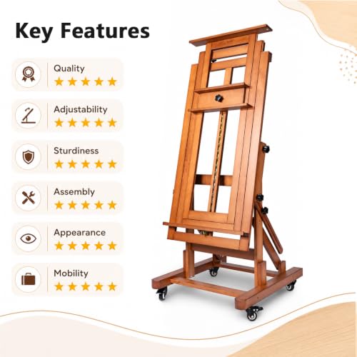 DJAR Extra Large H-Frame Studio Art Easel with Lockable Casters, Walnut | Movable Wooden Tilts Flat Heavy Duty Floor Stand, Solid Beech Wood Art Easel For Artists, Hold 1 or 2 Canvas up to 79"