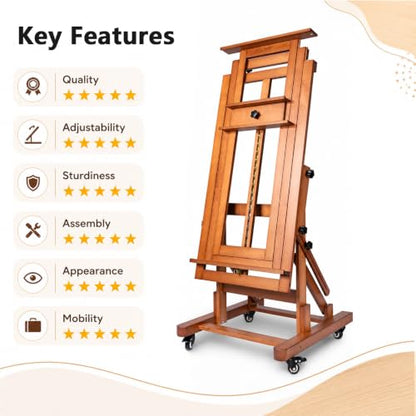 DJAR Extra Large H-Frame Studio Art Easel with Lockable Casters, Walnut | Movable Wooden Tilts Flat Heavy Duty Floor Stand, Solid Beech Wood Art Easel For Artists, Hold 1 or 2 Canvas up to 79"