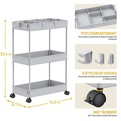 SPACELEAD 3 Tier Rolling Cart with Wheels, Storage Craft Art Trolley Organizer Serving, 3 Hanging Baskets Easy Assembly, for Office, Living Room, Kitchen, Gray - color: Gray