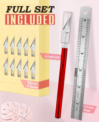 DIYSELF Hobby Knife Set with 10 Extra #11 Blades, 15cm Metal Ruler for Art | Hobby Knife Set for Model Making, Pottery, Paper & Vinyl Projects, Exacto Knife for Crafting, Artists & Hobbyists, Red - color: Red