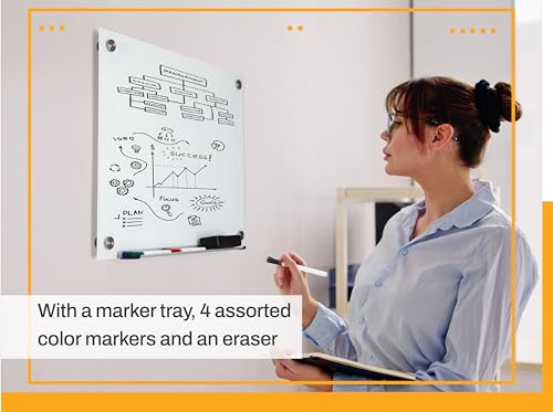 Real Glass Dry Erase Board, 18" x 24", Tempered Glass Surface, Frameless Wall Mount, with 4 Assorted Color Markers and Eraser, by Better Office Products (Bright White) - color: Bright White