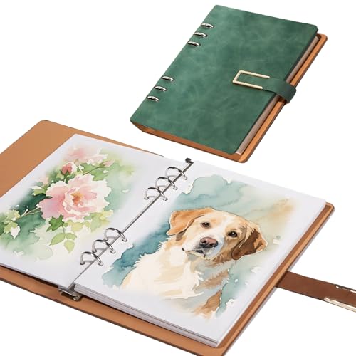Professional Watercolor Sketchbook with 6-Ring Binder, 20 Sheets 300GSM/140lb 100% Cotton Acid-Free Cold Press Paper, 9.25" x 6.3" Textured Art Journal for Artists, Students & Adults (Green) - color: Green