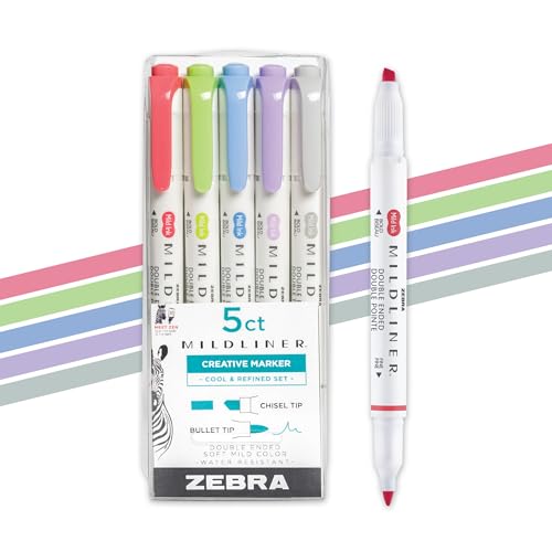 Zebra Pen MILDLINER No Bleed Highlighter, Cool and Refined, Dual Tip, 5-Pk - color: Cool and Refined A