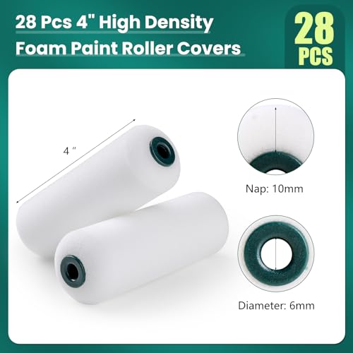 4 Inch Foam Paint Roller Covers 28 Pack | Small Paint Roller Kit, High Density Foam Paint Roller Covers, Mini Paint Rollers for Painting Walls, Home Painting Supplies - size: 4 Inch Foam Paint roller 28 pack