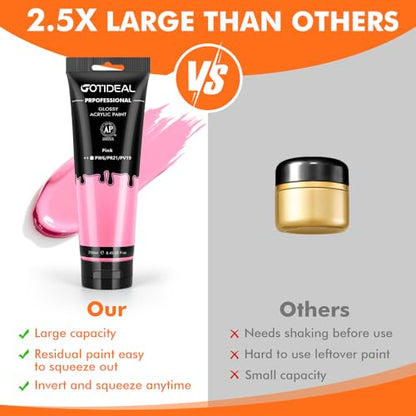 GOTEIDAL Pink Acrylic Paint, Pink Paint (250ml / 8.45oz) Tubes | Art Craft Paints, Rich Pigments Non Toxic for Canvas Painting, Rock, Stone, Wood, Art Supplies - color: Pink
